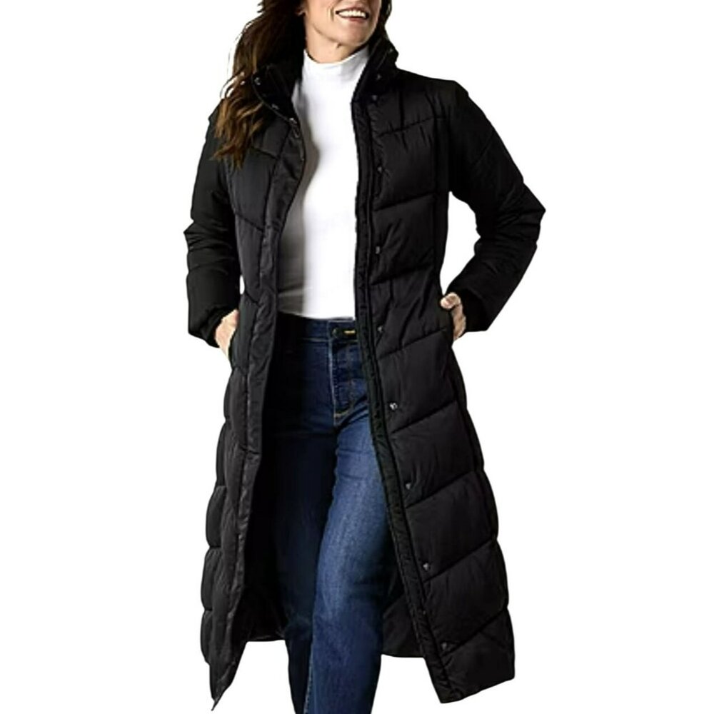 St John's Bay Long Black Quilted Hooded Puffer Winter Coat XL NWOT - Picture 2 of 10